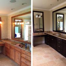 Before and after master bathroom cabinet makeover in faux wood mahogany glaze